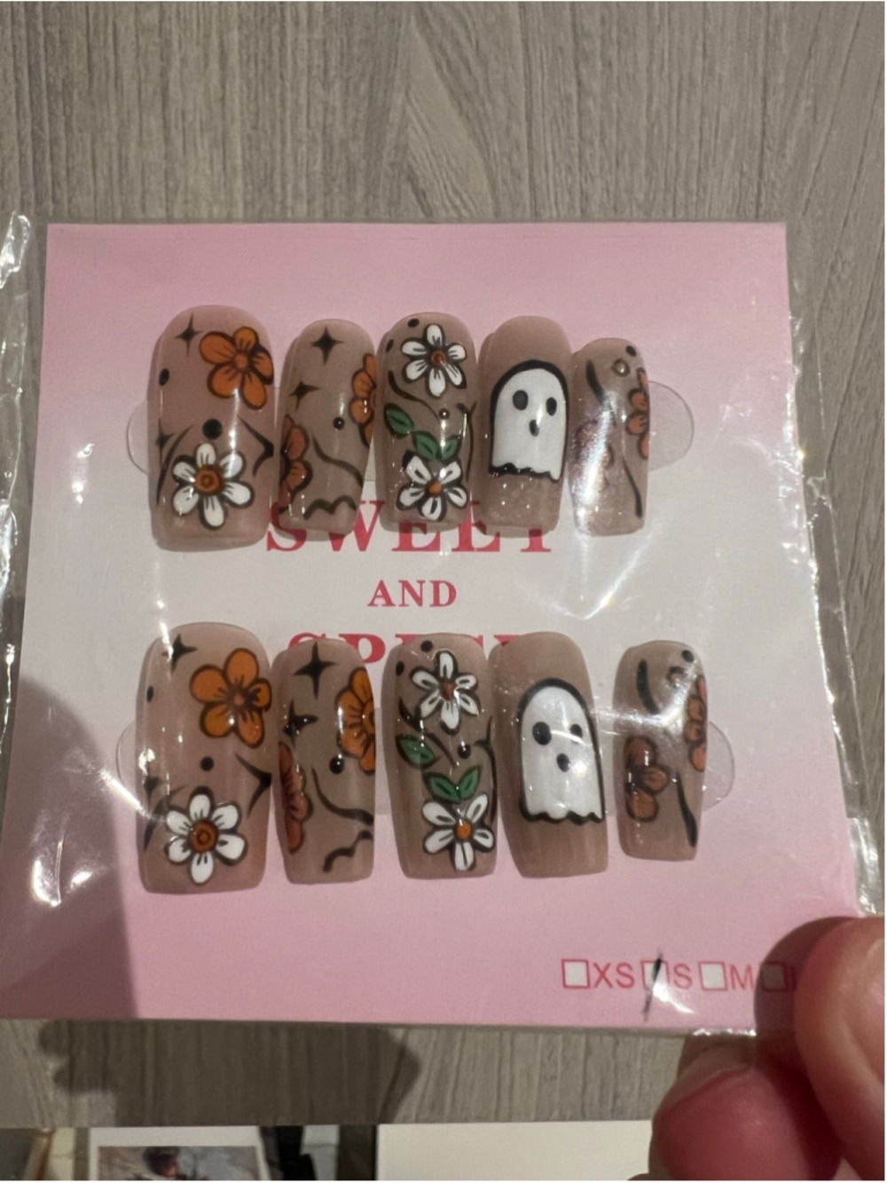 Hand painted Halloween Press-On Nails Medium Candy Spider Pumpkin Stiletto NWT